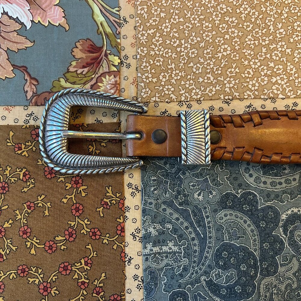 Vintage Onyx Leather Belt, Sz 34